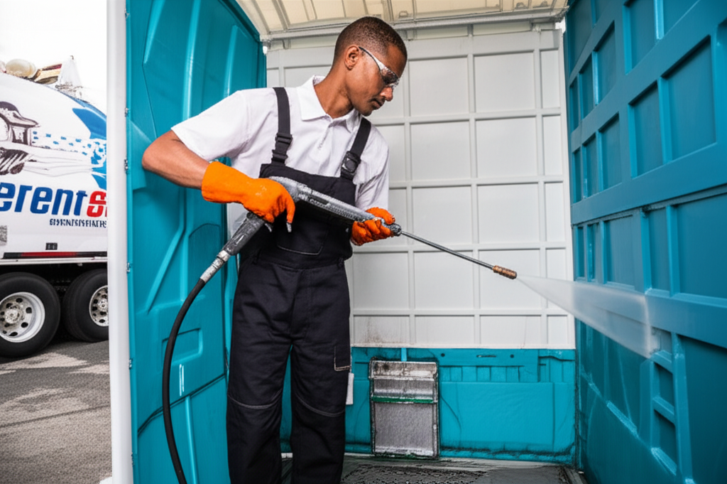 Porta potty servicing truck and technician