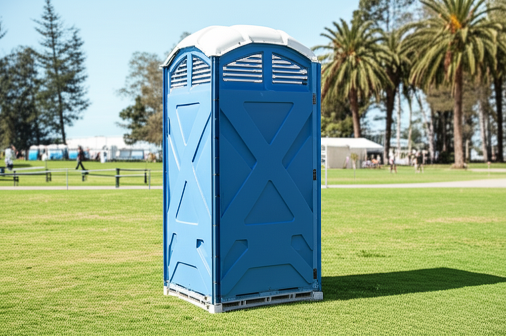 Row of clean event porta potties at an outdoor festival in San Jose