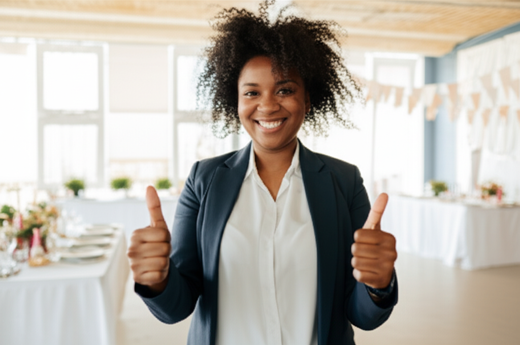 Happy event organizer in San Jose giving a thumbs up for porta potty service
