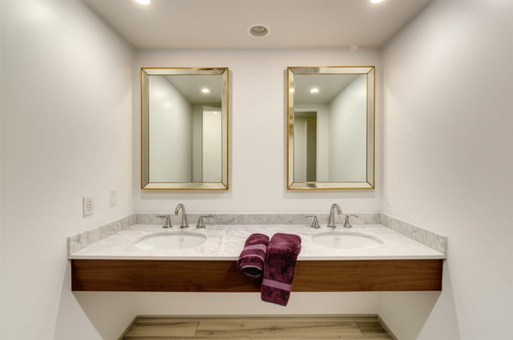 Spacious and elegant interior of a luxury porta potty trailer in San Jose