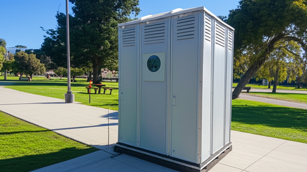 Modern porta potty unit in a San Jose park setting